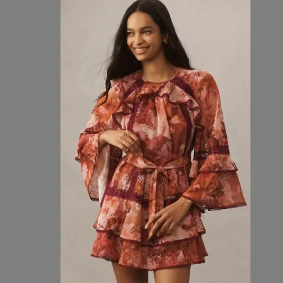 NWT BHLDN Camila Long Sleeve Chiffon Mini Dress Pink Medium - Picture 4 of 16